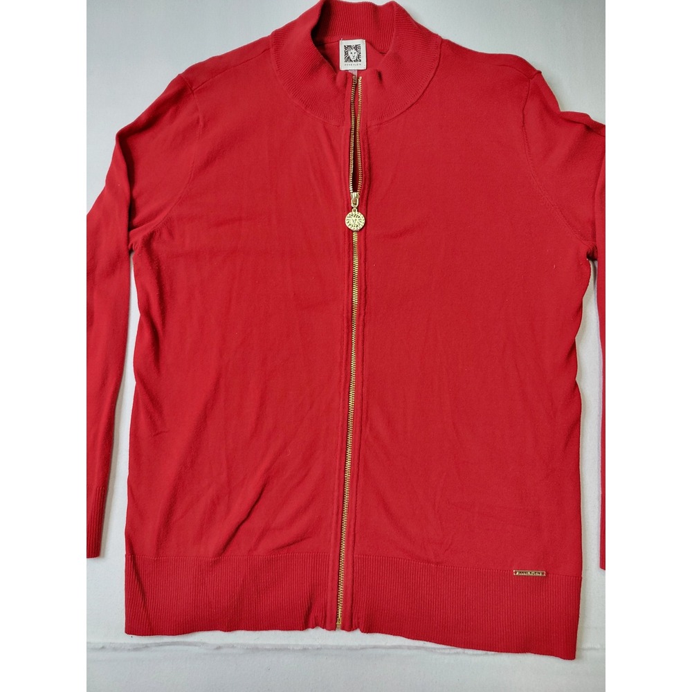 Anne Klein Womens Red Full Zip Mock Neck Cardigan SwtrGold Lion Pull Size L 1231